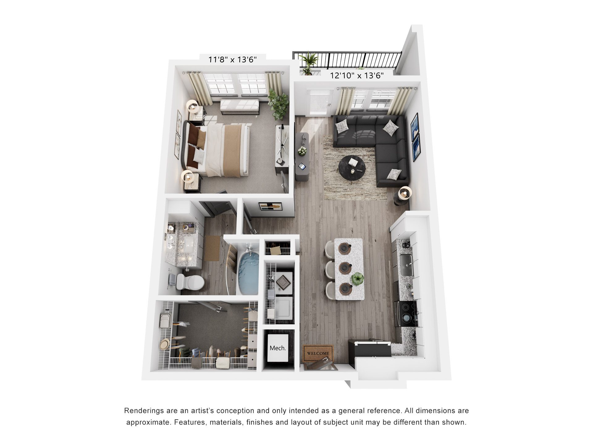 Floor plan for 1 bed, 1 bath, 756 sqft